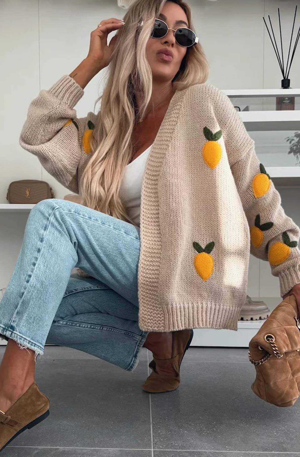 Sofia 'Lemon' Applique Embroidered Knitted Cardigan-Stone