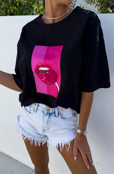 Viva Oversized Graphic Printed Padded T-Shirt Top-Black