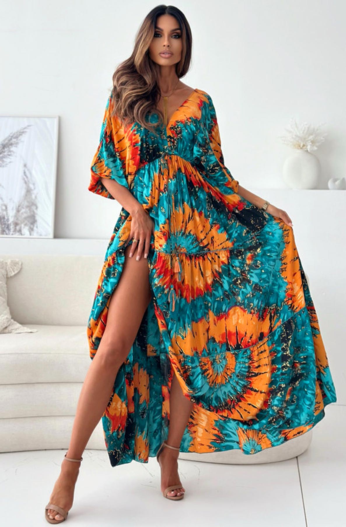 Zendaya Tie Dye Print Batwing Maxi Dress-Orange