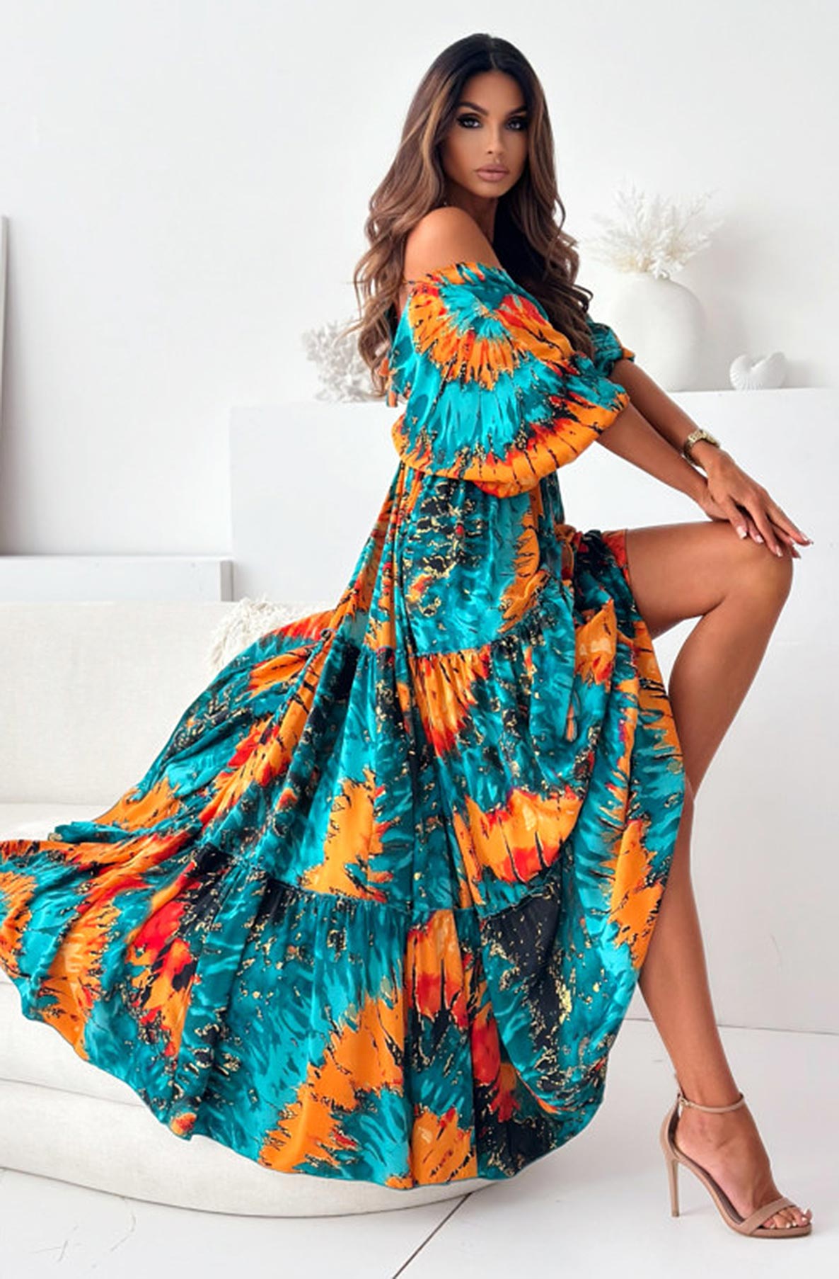 Zendaya Tie Dye Print Batwing Maxi Dress-Orange