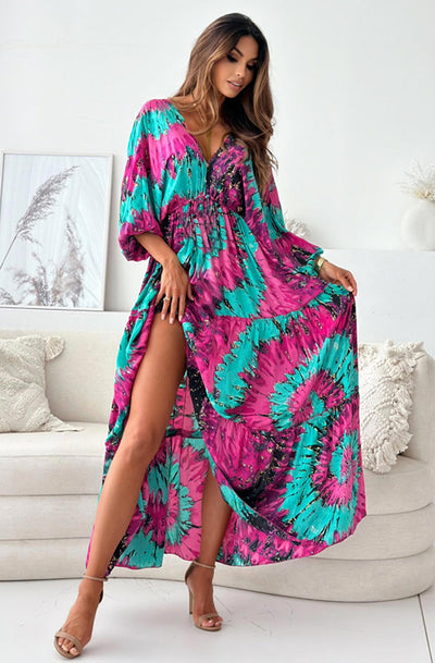 Zendaya Abstract Print Batwing Maxi Dress-Pink