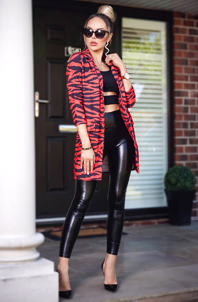 Valerie Animal Print Longline Jacket-Red